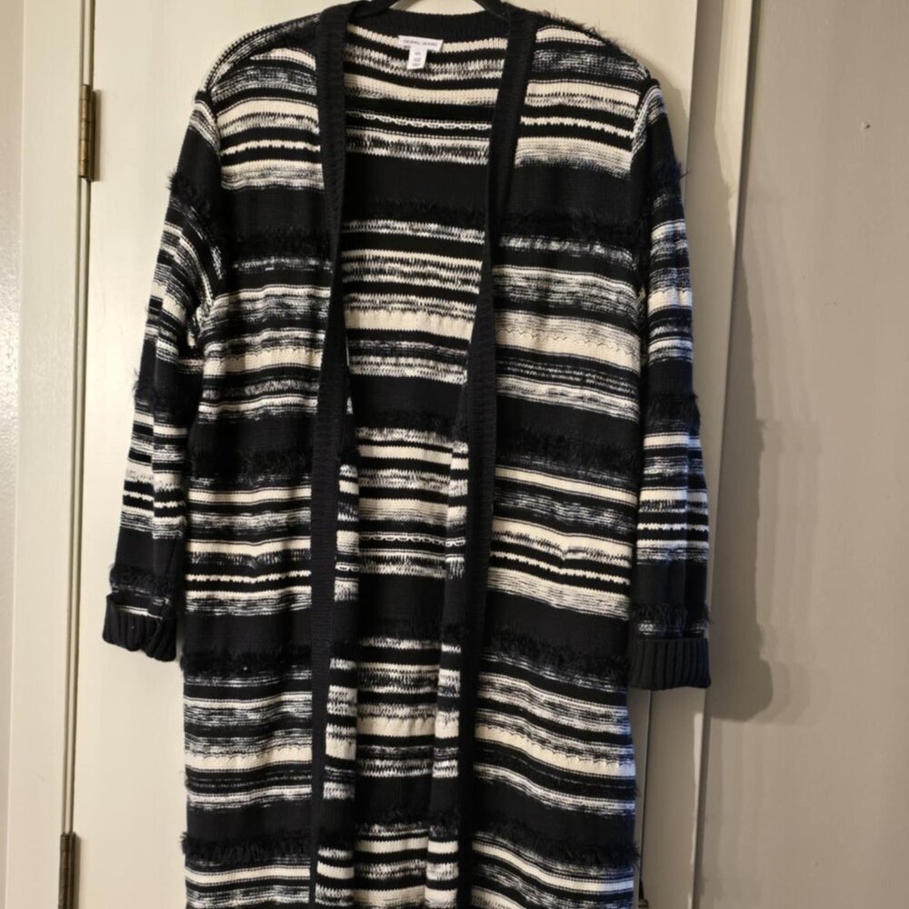 Tribal Jeans Black & Cream Striped Fuzzy Knit Long Cardigan Size L